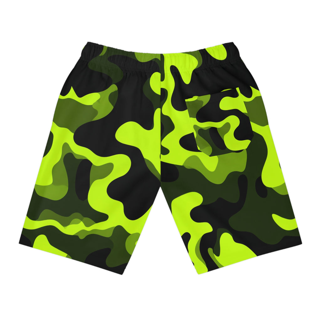 Neon Camo Athletic Shorts — High-Visibility Green Performance Trunks