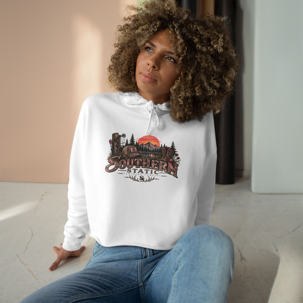 Southern Static Sunset Crop Hoodie — Scenic Mountain Forest Graphic Crop Hoodie