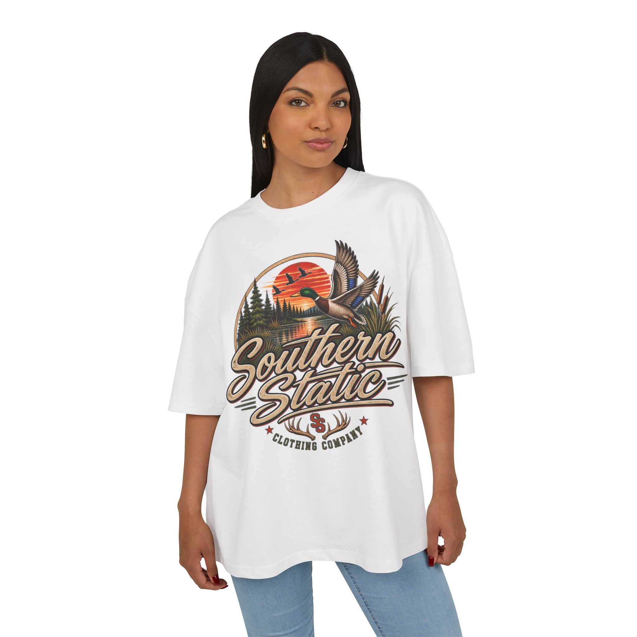 Southern Static Duck Hunting Tee — Retro Outdoors Sunset Graphic Shirt