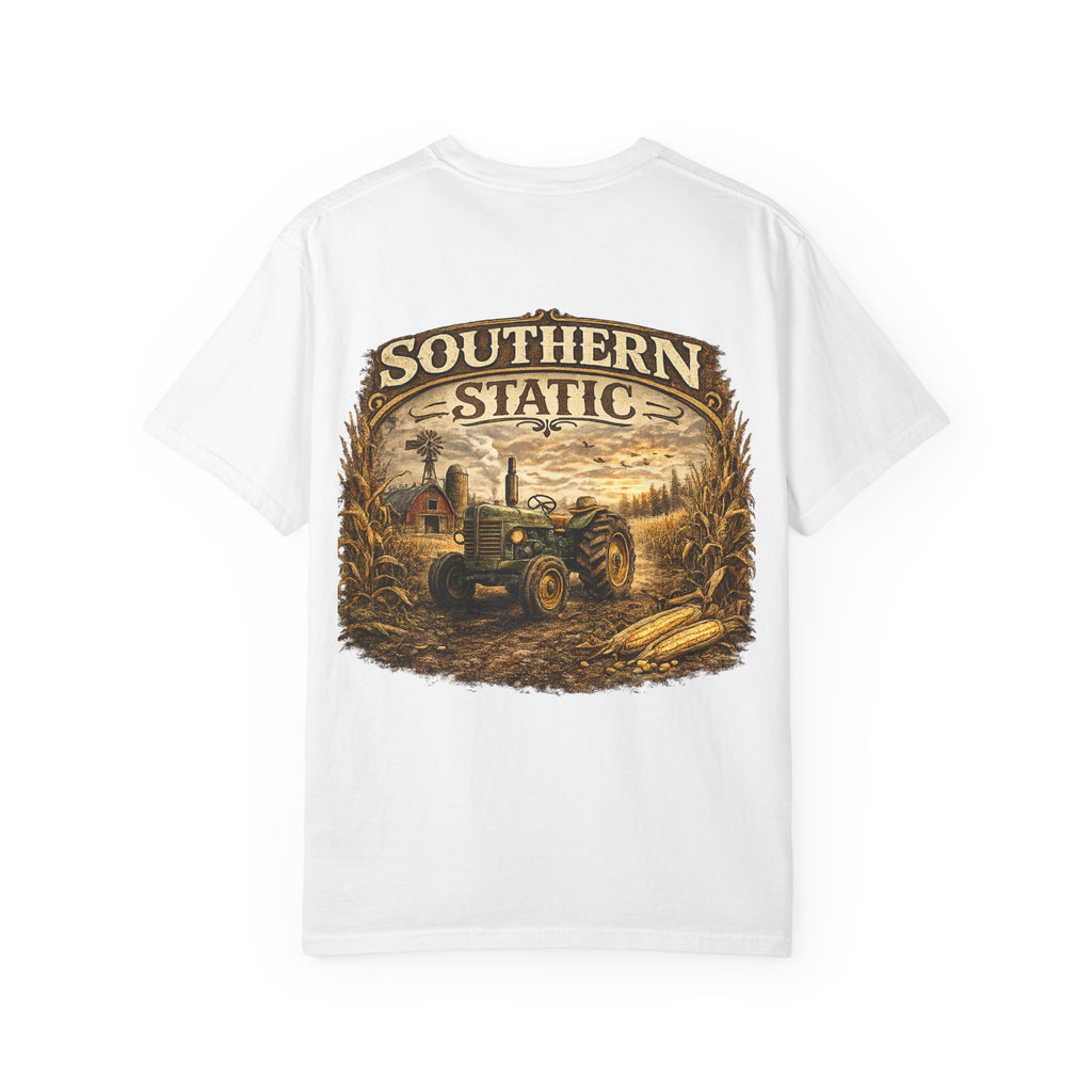 Southern Static Tractor Art T-Shirt | Vintage Farm Scene