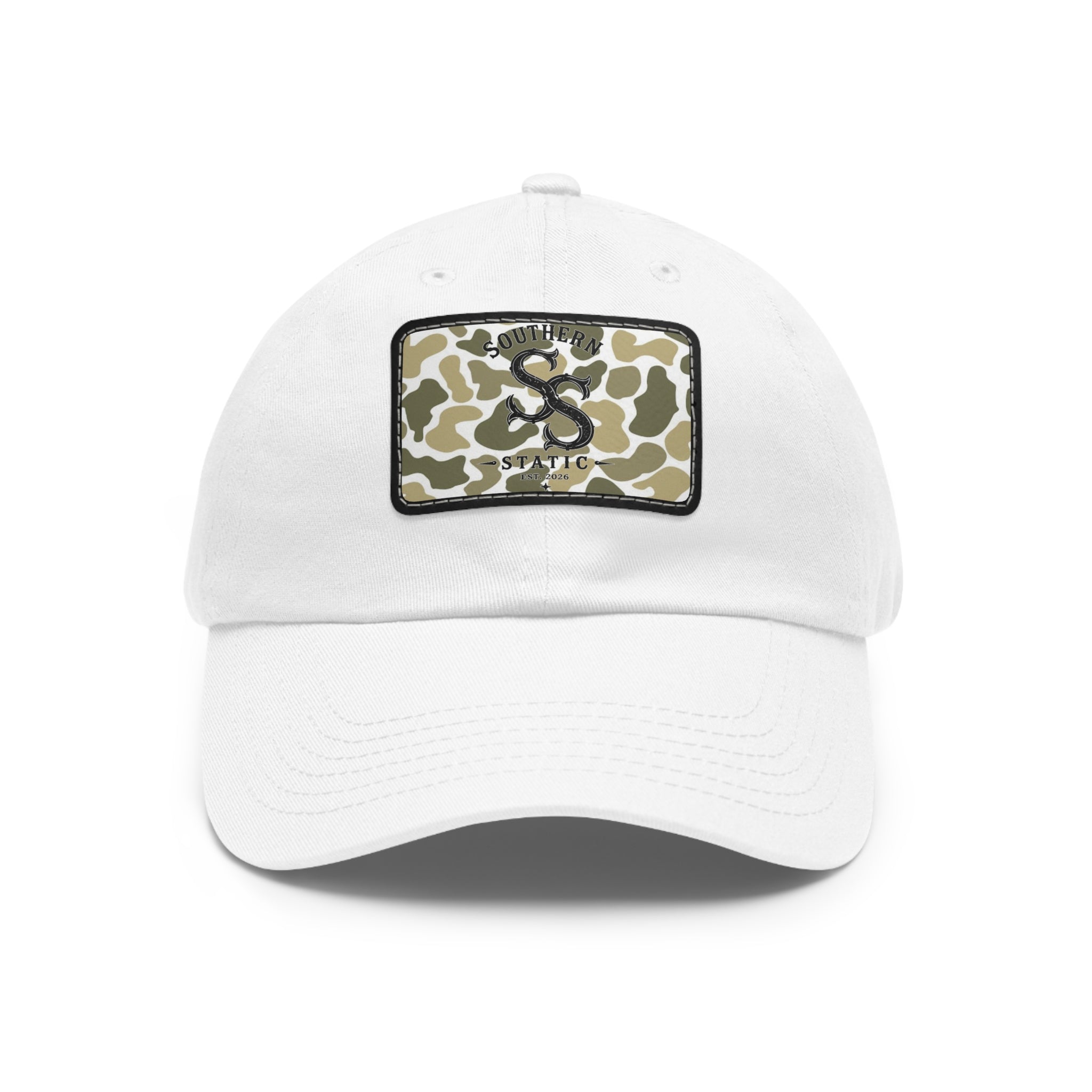 Camo Leather Patch Dad Hat — Monogram Rectangle Baseball Cap