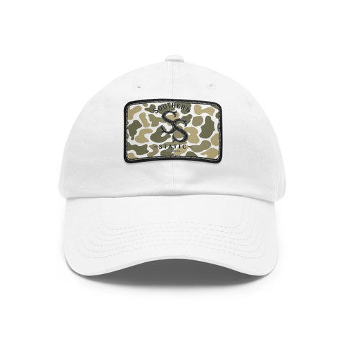 Camo Leather Patch Dad Hat — Monogram Rectangle Baseball Cap