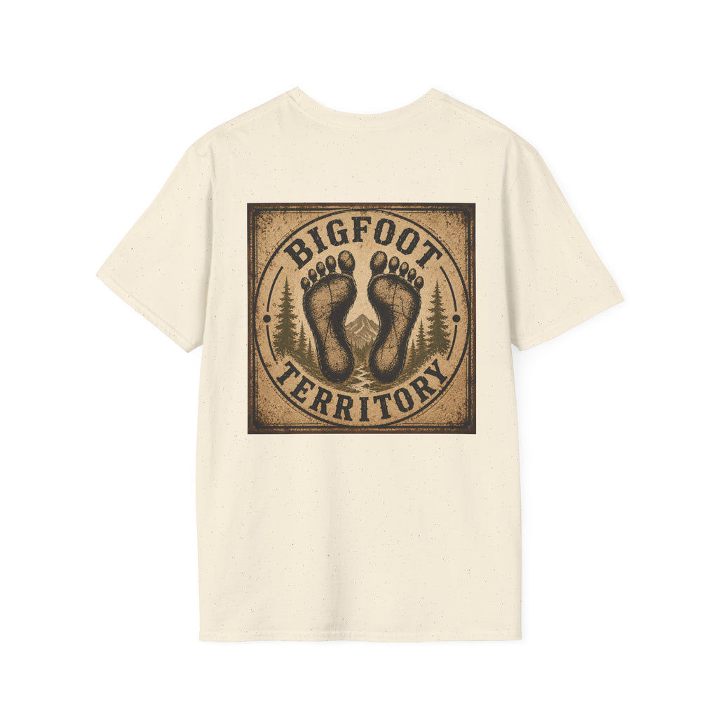 Bigfoot Territory design T-Shirt | Sasquatch footprints forest badge