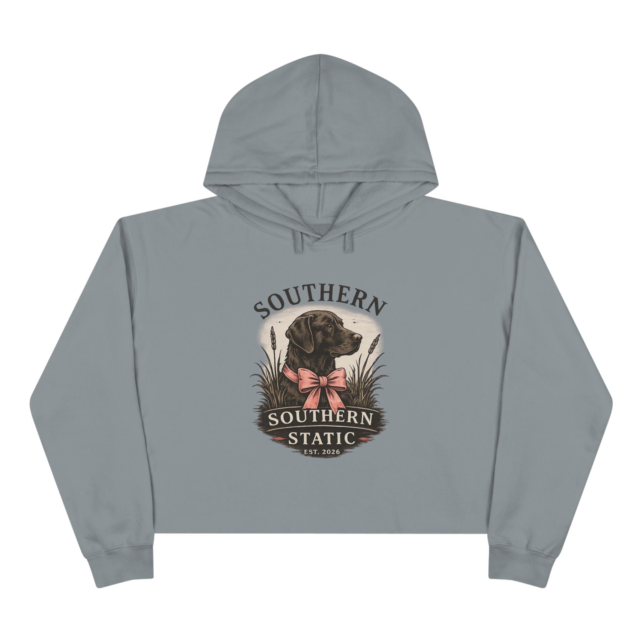 Southern Static Dog Crop Hoodie — Vintage Black Lab Graphic Cropped Hoodie