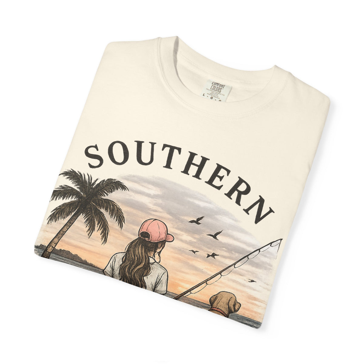 Southern Static Fishing T-Shirt — Woman & Dog Beach Sunset Tee