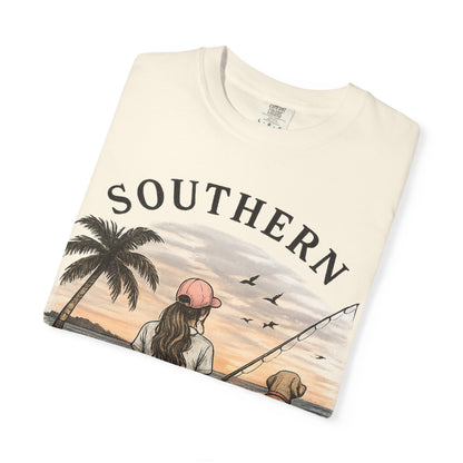 Southern Static Fishing T-Shirt — Woman & Dog Beach Sunset Tee
