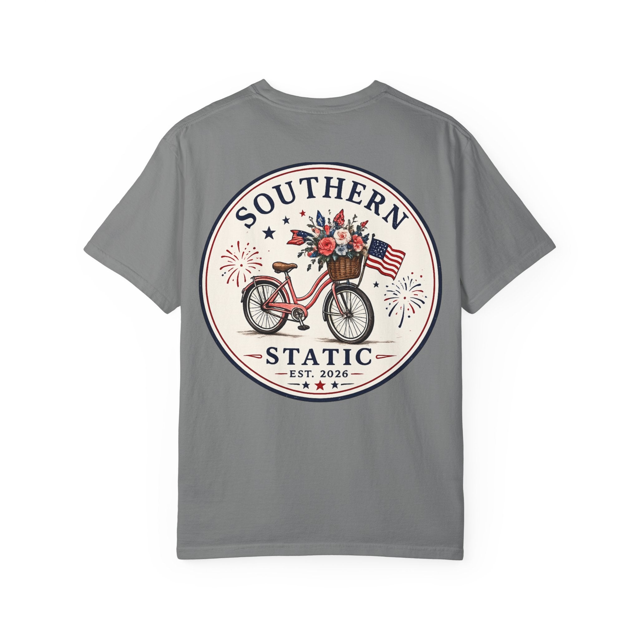 Women’s Southern Static Bicycle T-Shirt — Americana Floral Bike Tee (Est. 2026)