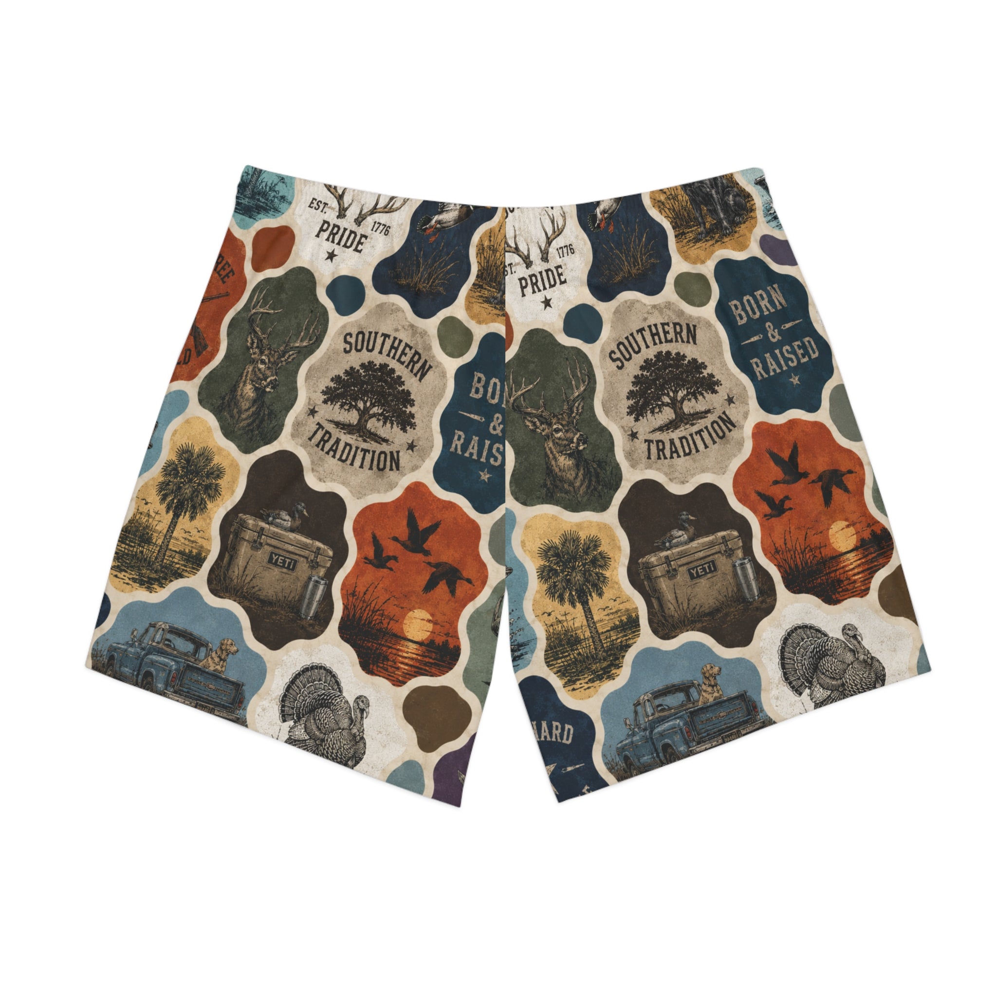 Southern Heritage Print Beach Shorts — "Born & Raised" All-Over Pattern