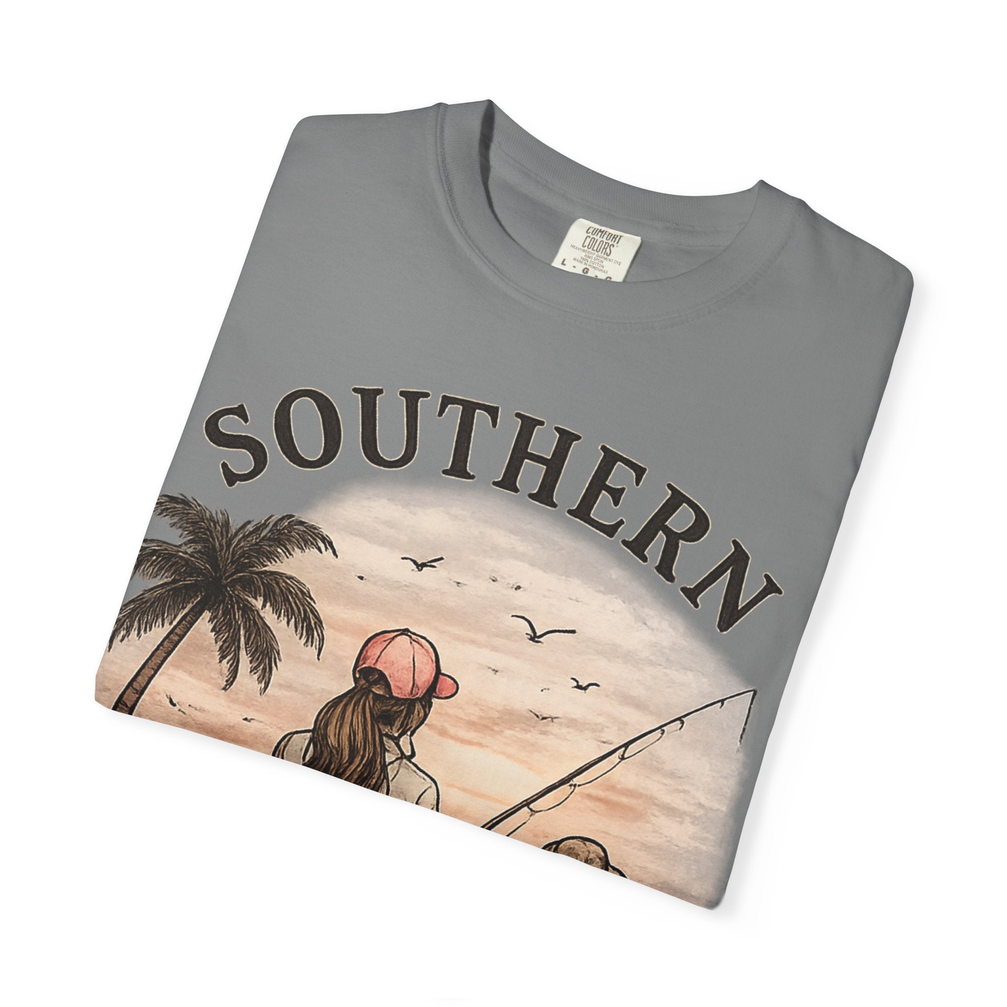 Southern Static Fishing T-Shirt — Woman & Dog Beach Sunset Tee