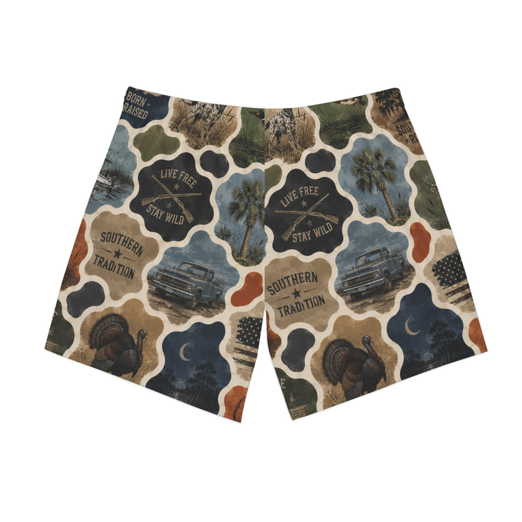 Southern Tradition Beach Shorts — 'Live Free Stay Wild' Americana Print