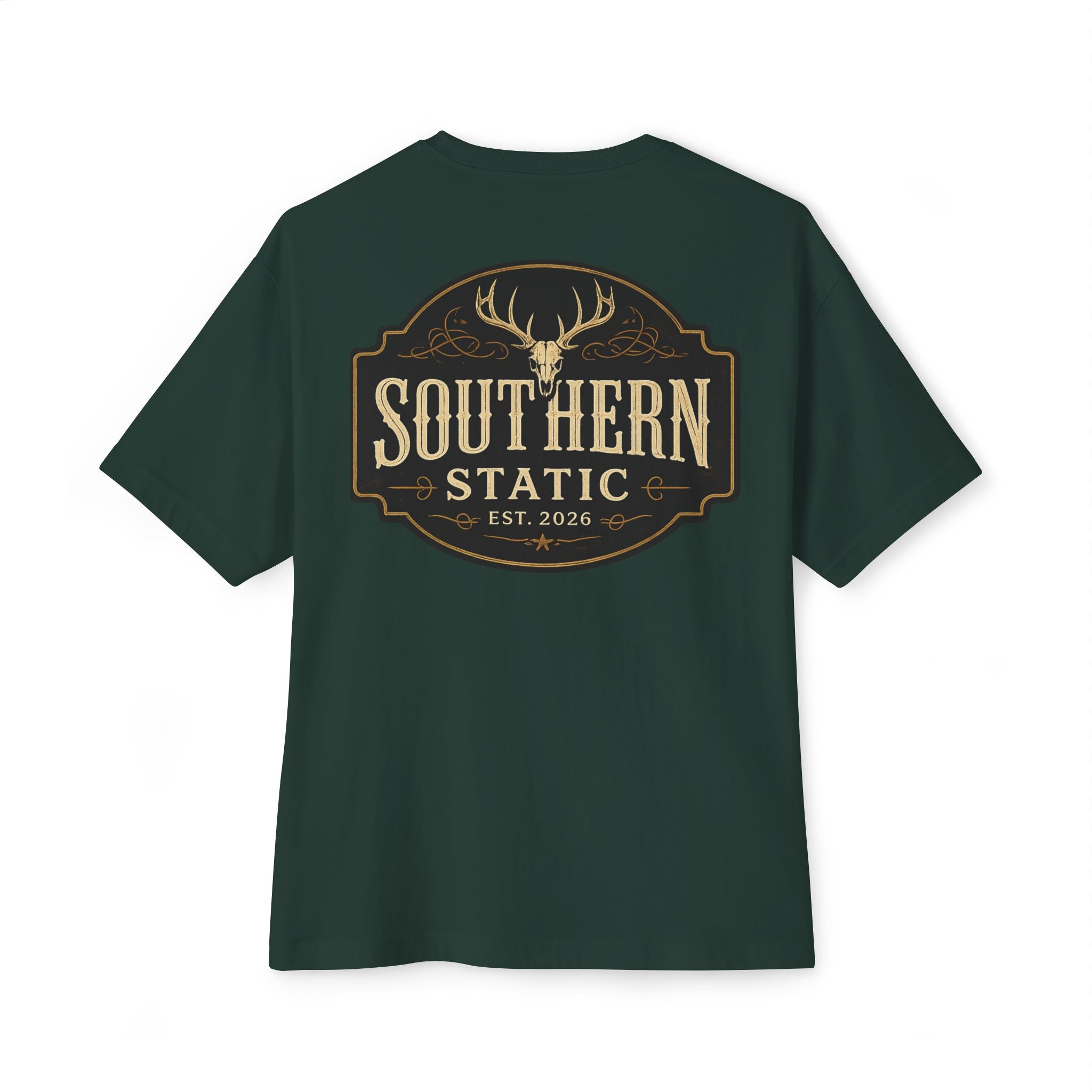Southern Static Logo Tee — Vintage Deer Patch Oversized T-Shirt