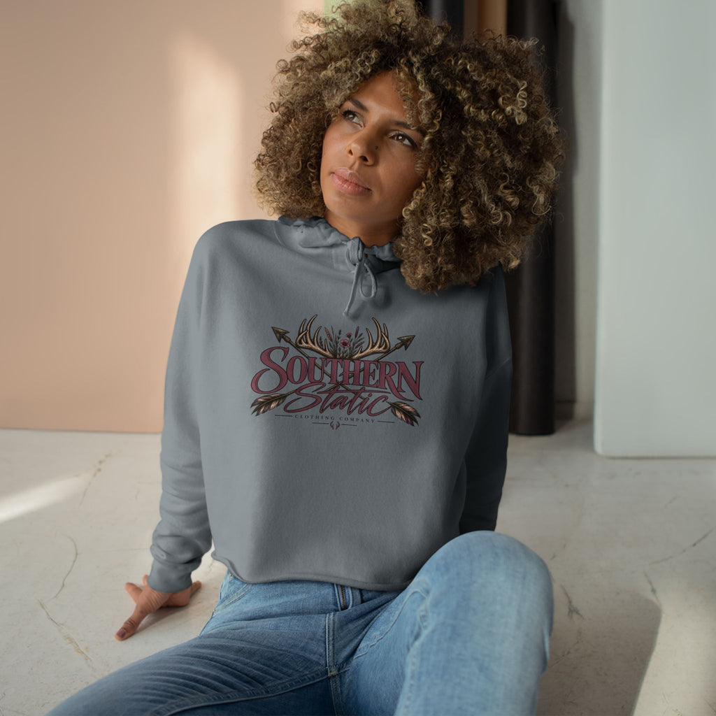 Southern Static Crop Hoodie - Women’s Cropped Pullover with Antler & Arrow Graphic