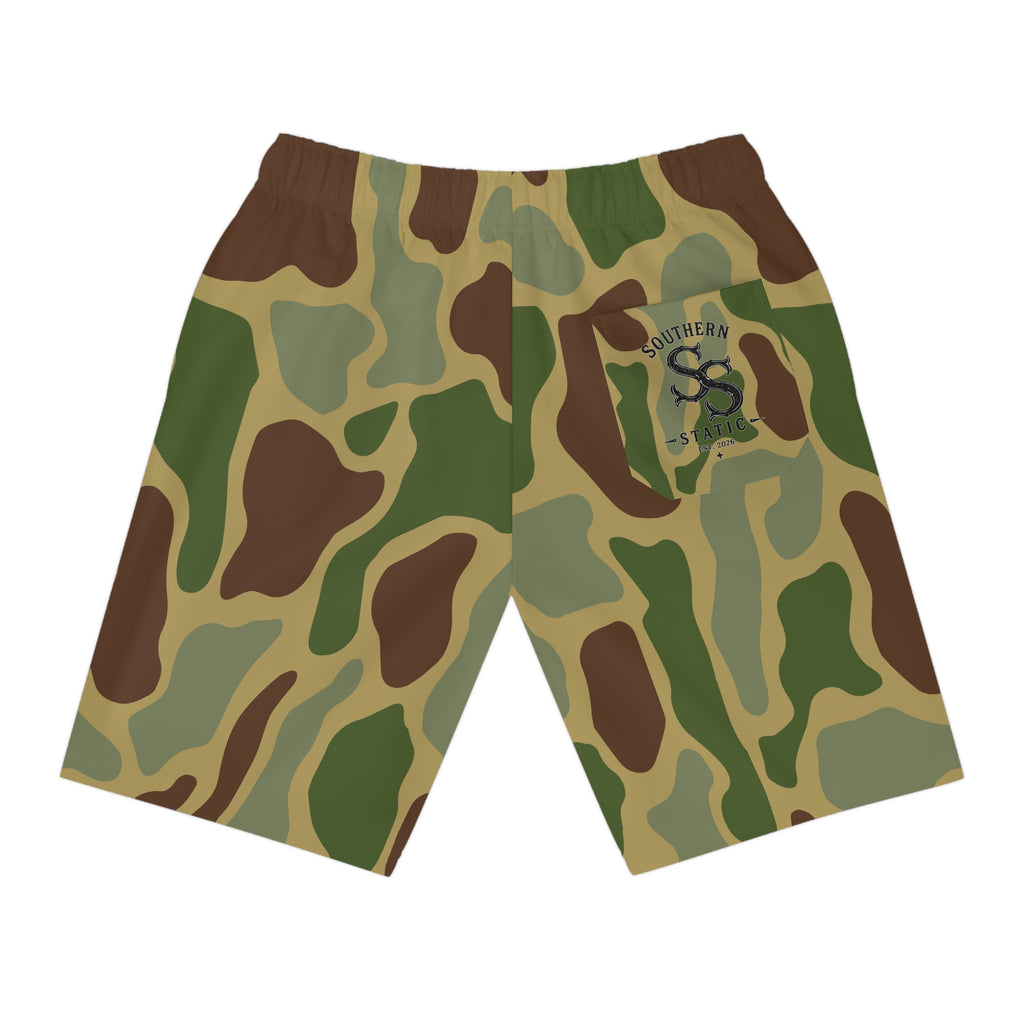 Camo Athletic Long Shorts — Green Woodland Camouflage Performance Shorts