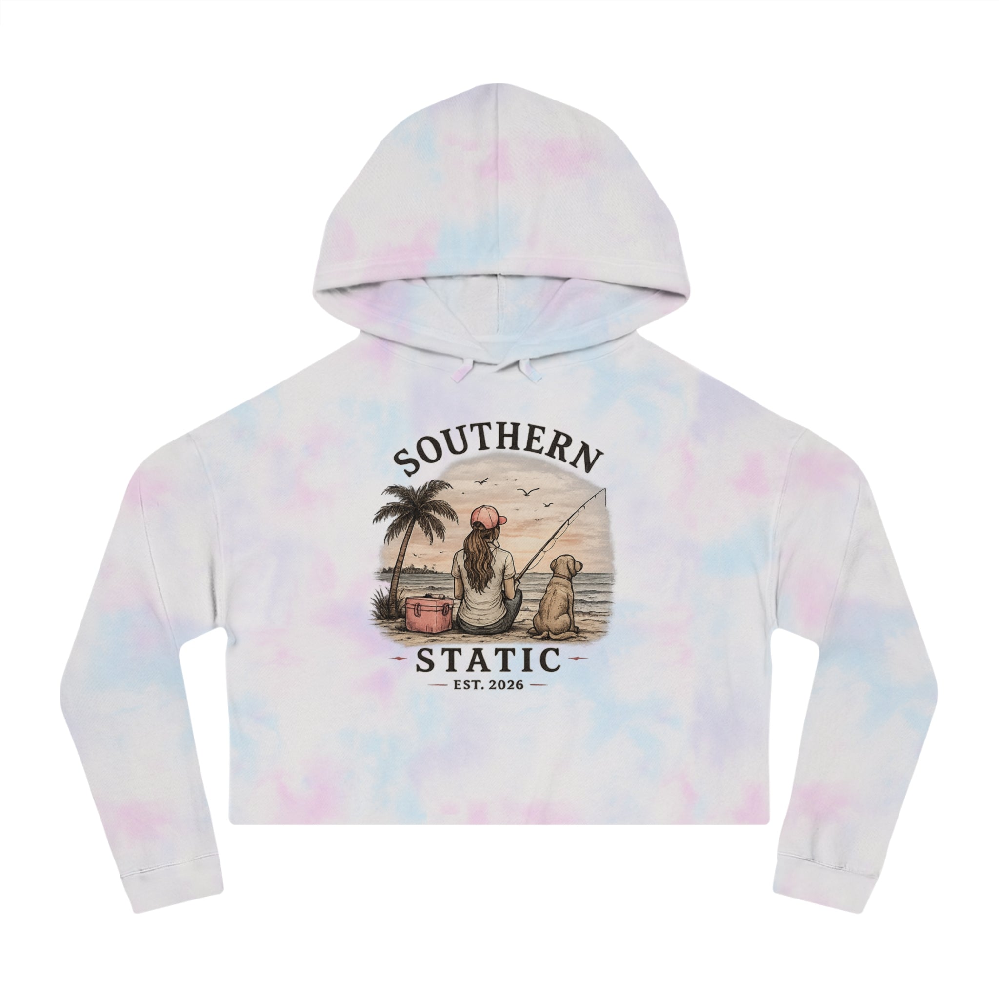 Southern Static Cropped Hoodie – Coastal Sunset Graphic