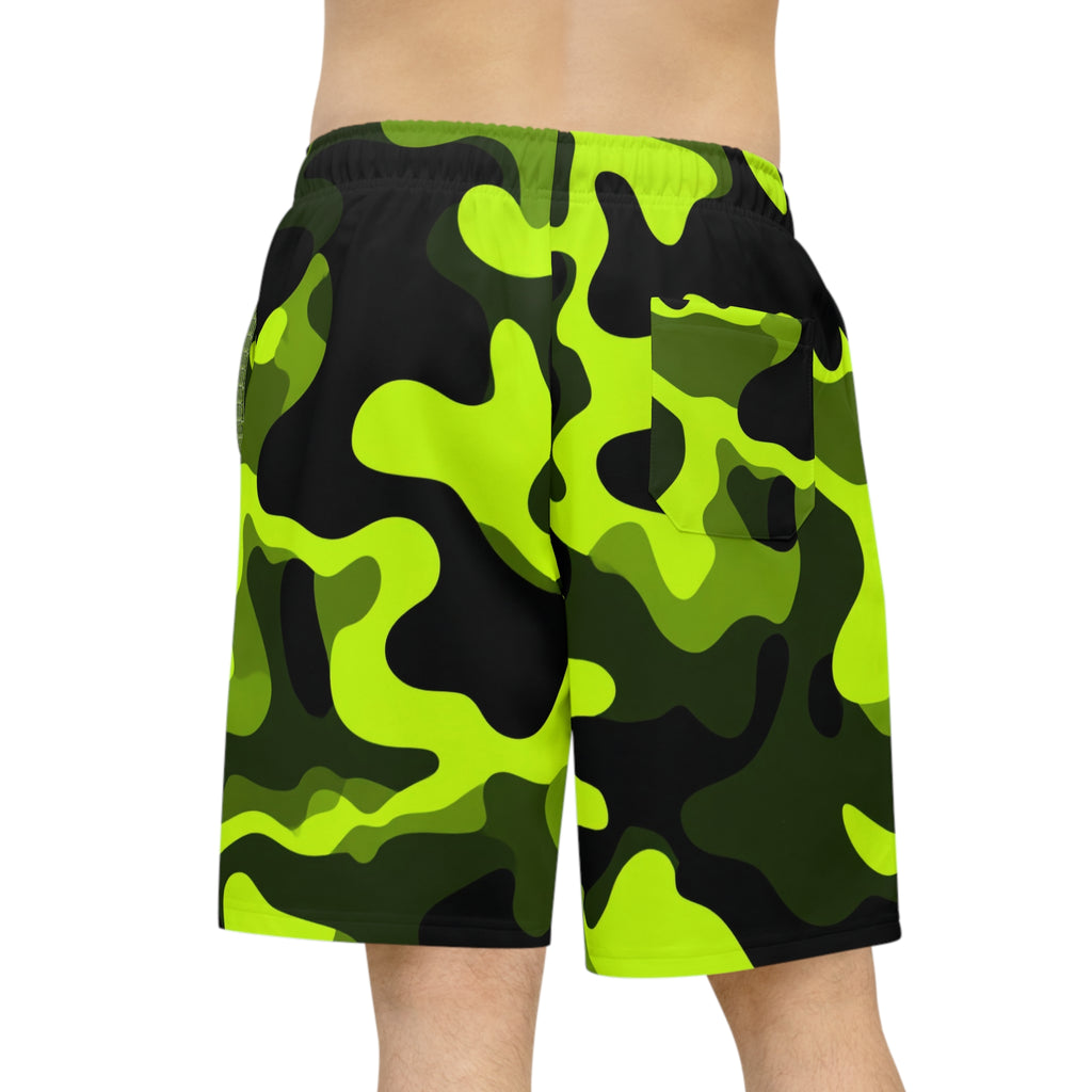Neon Camo Athletic Shorts — High-Visibility Green Performance Trunks