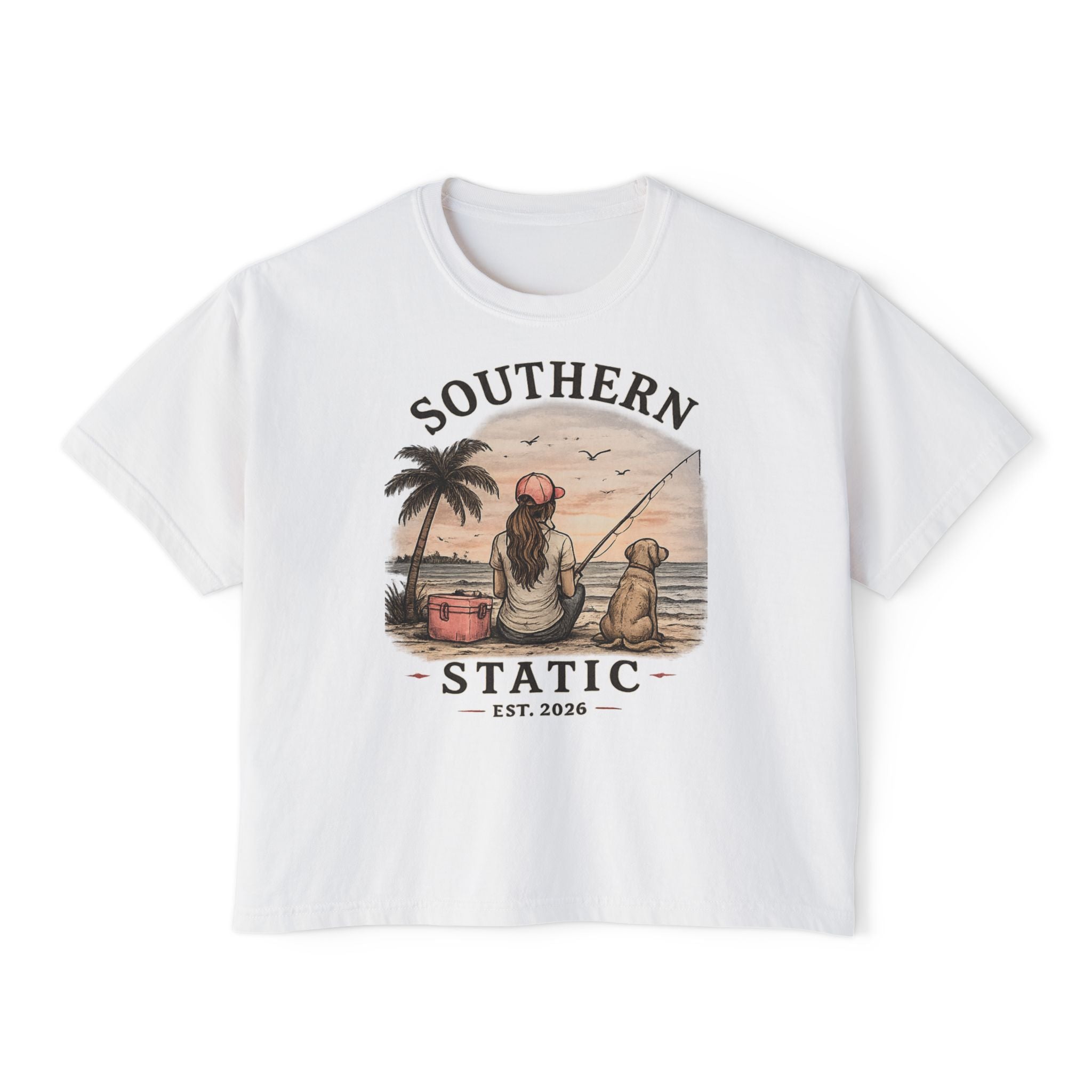 Southern Static Fishing Boxy Tee — Women's Beach Sunset Graphic T-Shirt