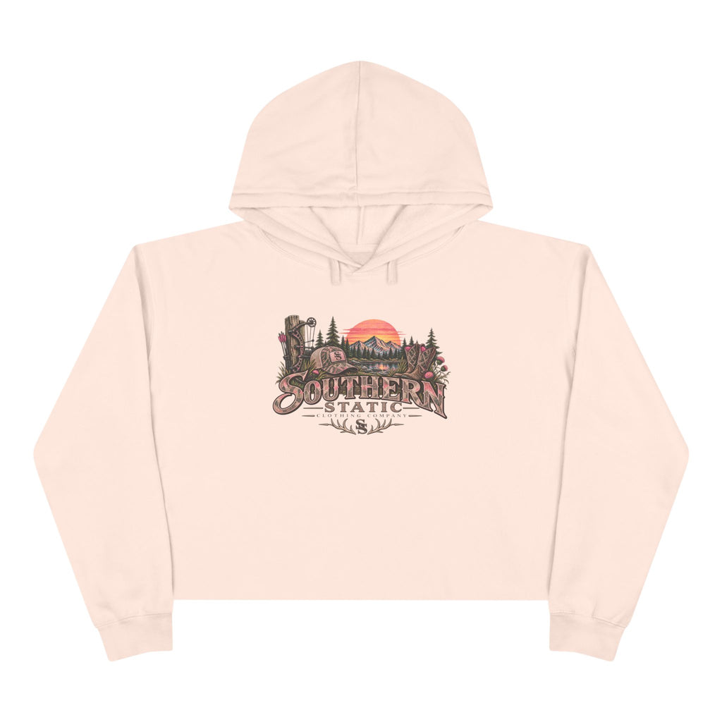 Southern Static Sunset Crop Hoodie — Scenic Mountain Forest Graphic Crop Hoodie