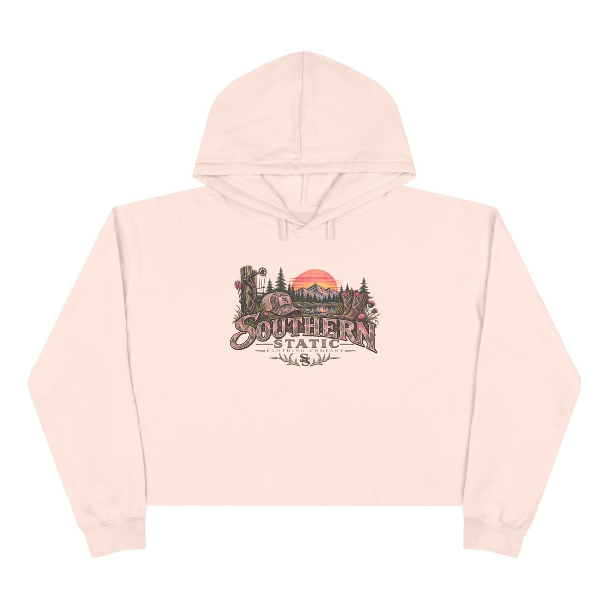 Southern Static Sunset Crop Hoodie — Scenic Mountain Forest Graphic Crop Hoodie