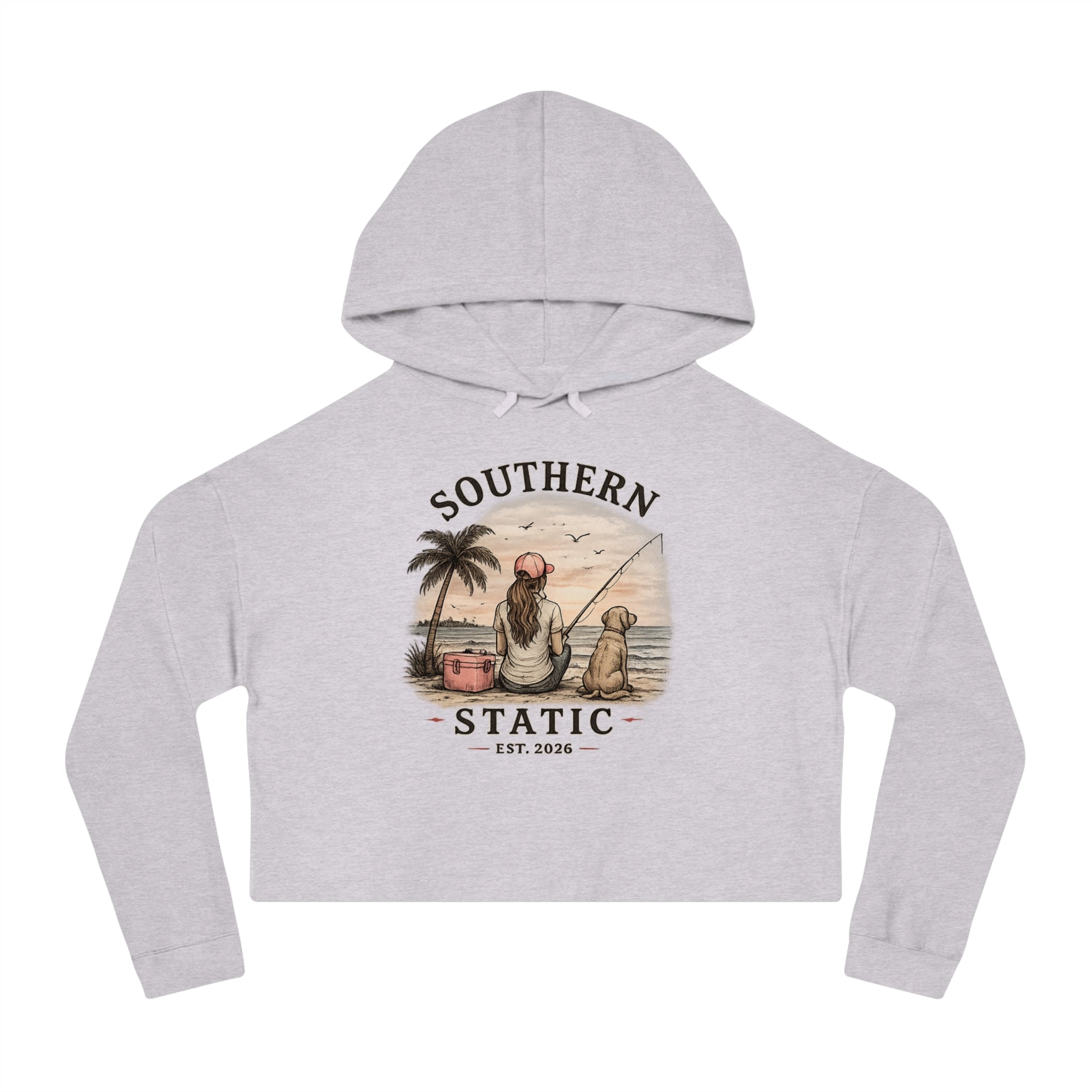 Southern Static Cropped Hoodie – Coastal Sunset Graphic