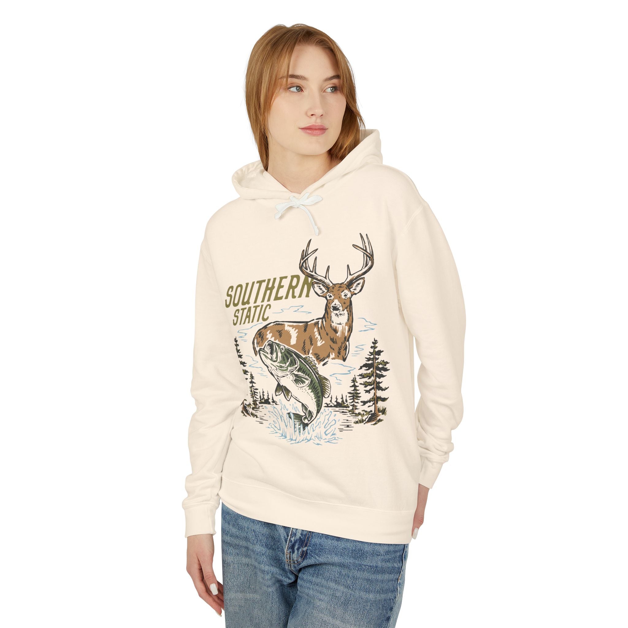 Southern Static Wildlife Hoodie — Deer & Bass Fishing Graphic
