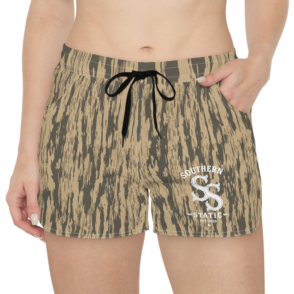 Women’s Casual Shorts — Beige Camo Tiger Stripe Print with 'SS' Logo