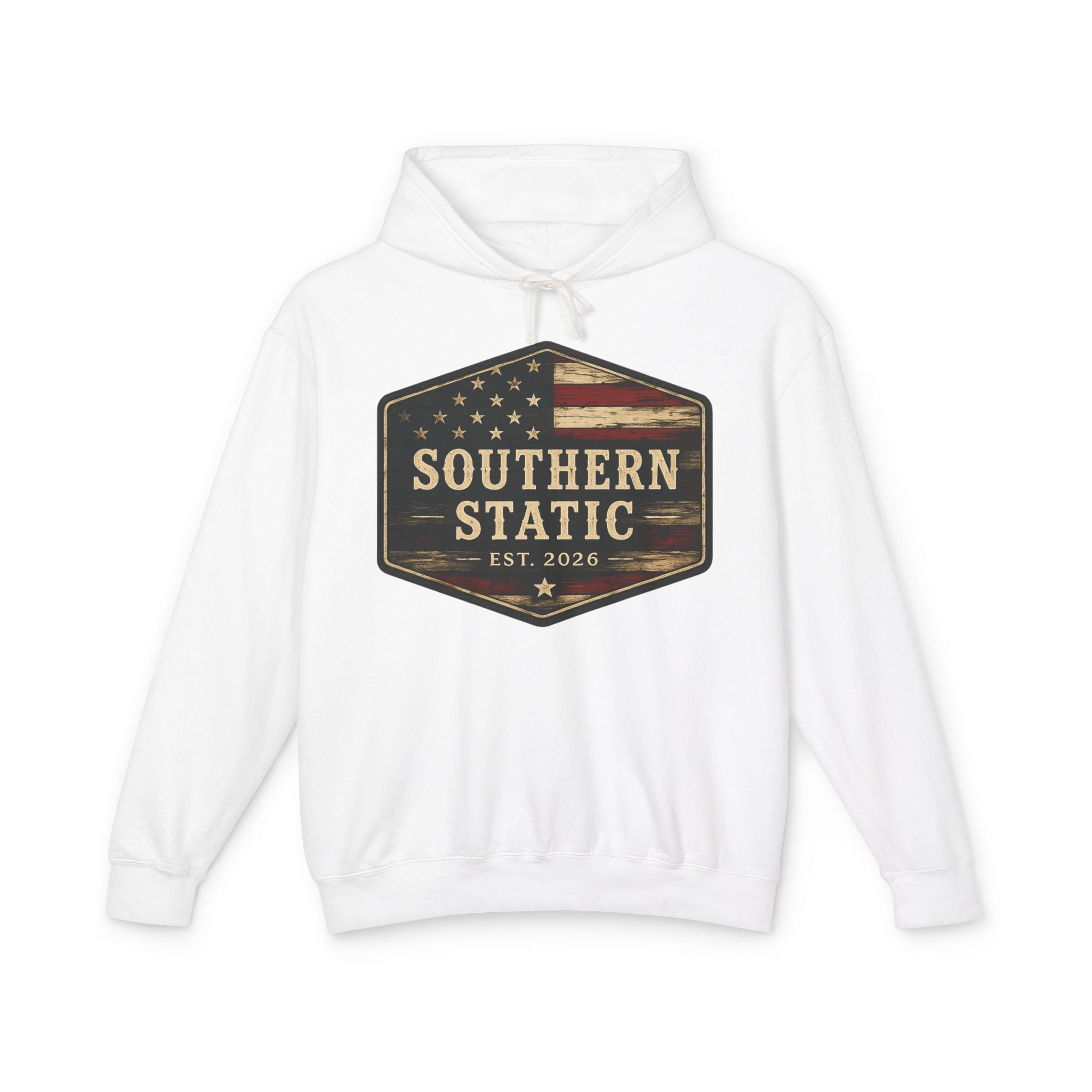 Southern Static Hoodie — Vintage American Flag Logo Lightweight Pullover