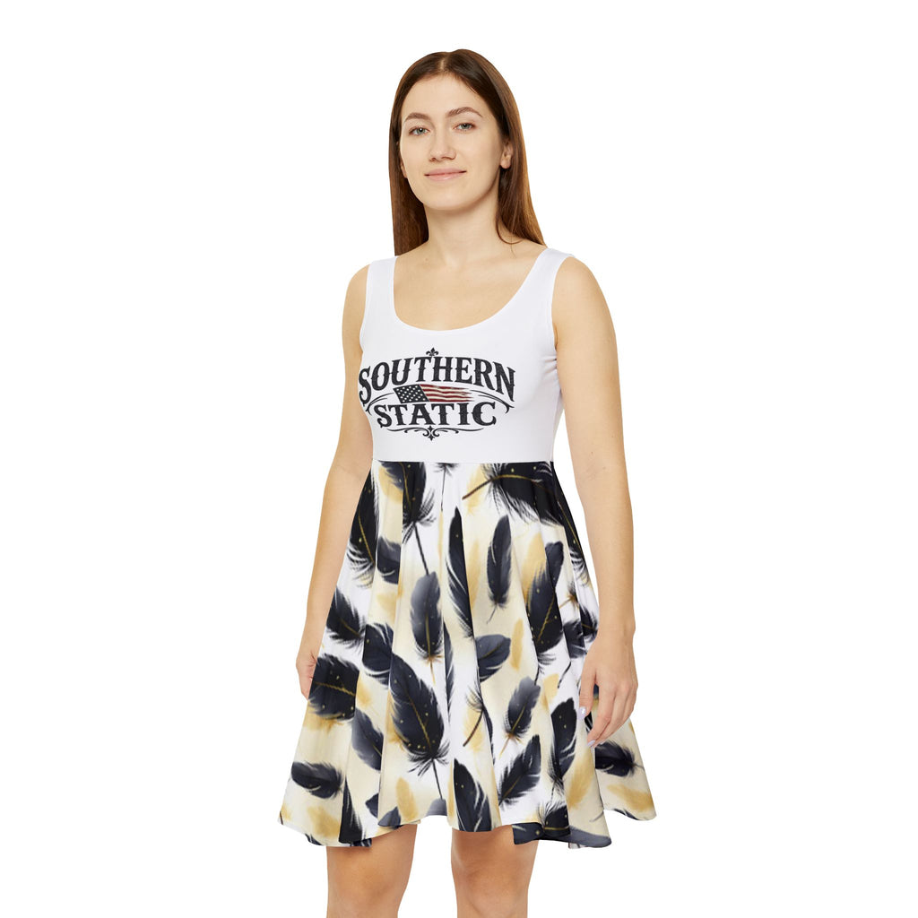 Black Feather Pattern Women's Skater Dress | Feather Print Skater Dress