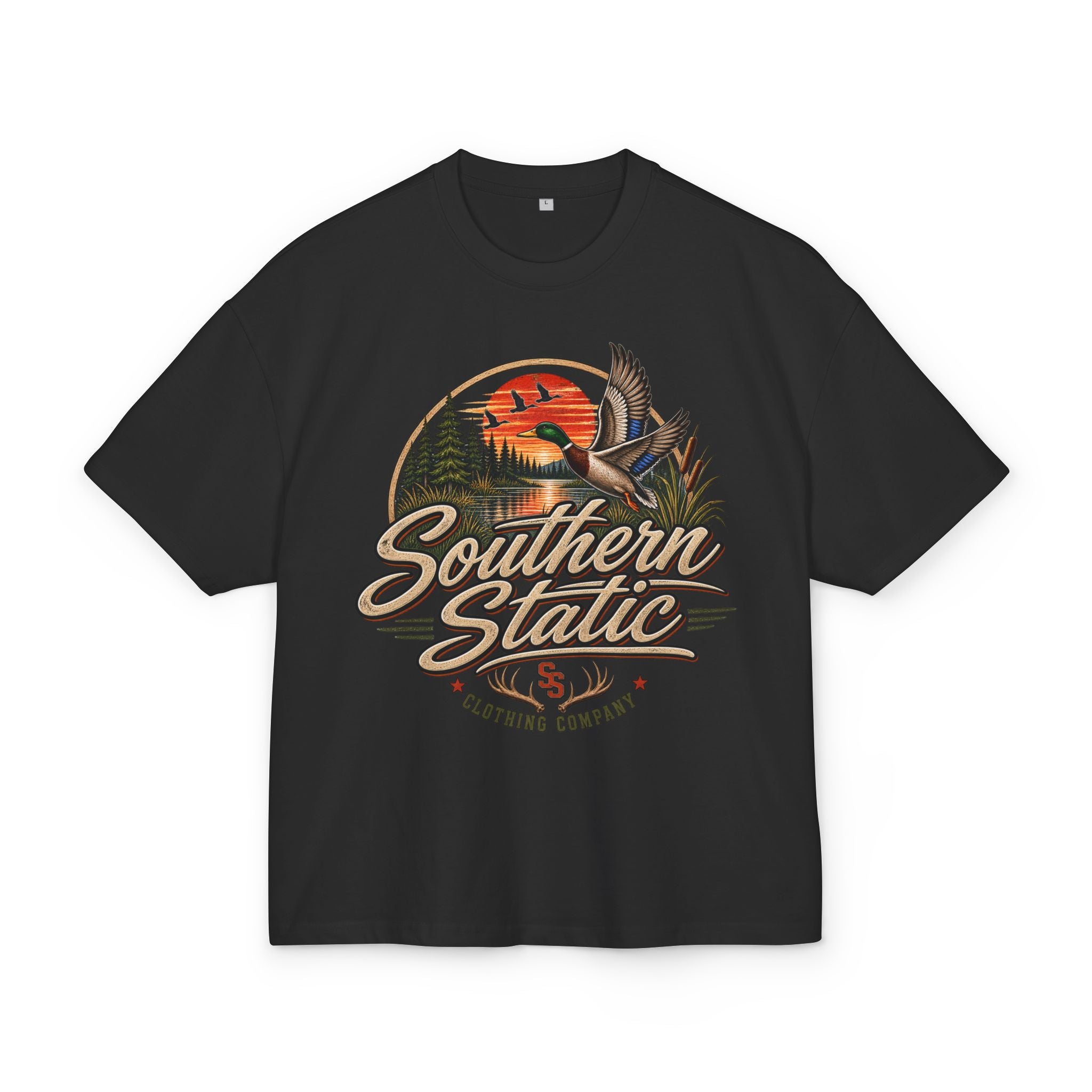 Southern Static Duck Hunting Tee — Retro Outdoors Sunset Graphic Shirt