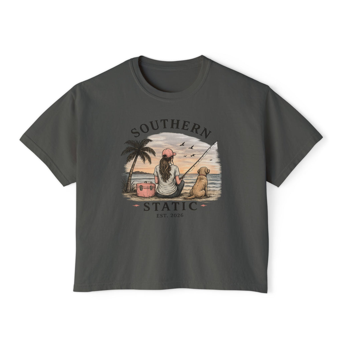 Southern Static Fishing Boxy Tee — Women's Beach Sunset Graphic T-Shirt