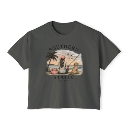 Southern Static Fishing Boxy Tee — Women's Beach Sunset Graphic T-Shirt