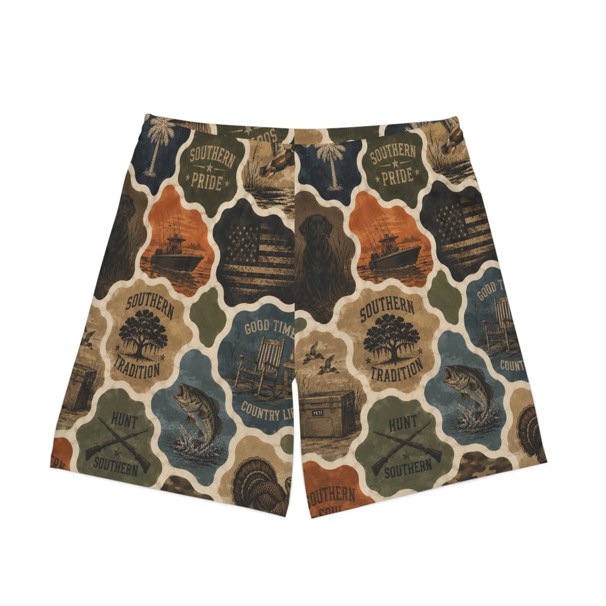 Southern Heritage Beach Shorts — Retro Seal Print All-Over Swim Trunks