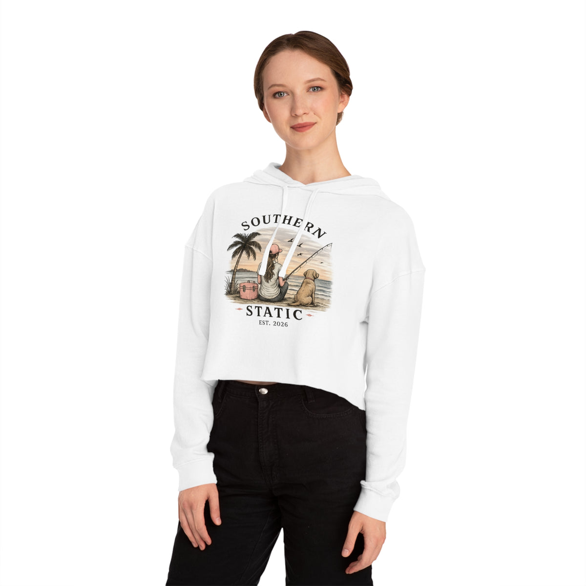 Southern Static Cropped Hoodie – Coastal Sunset Graphic