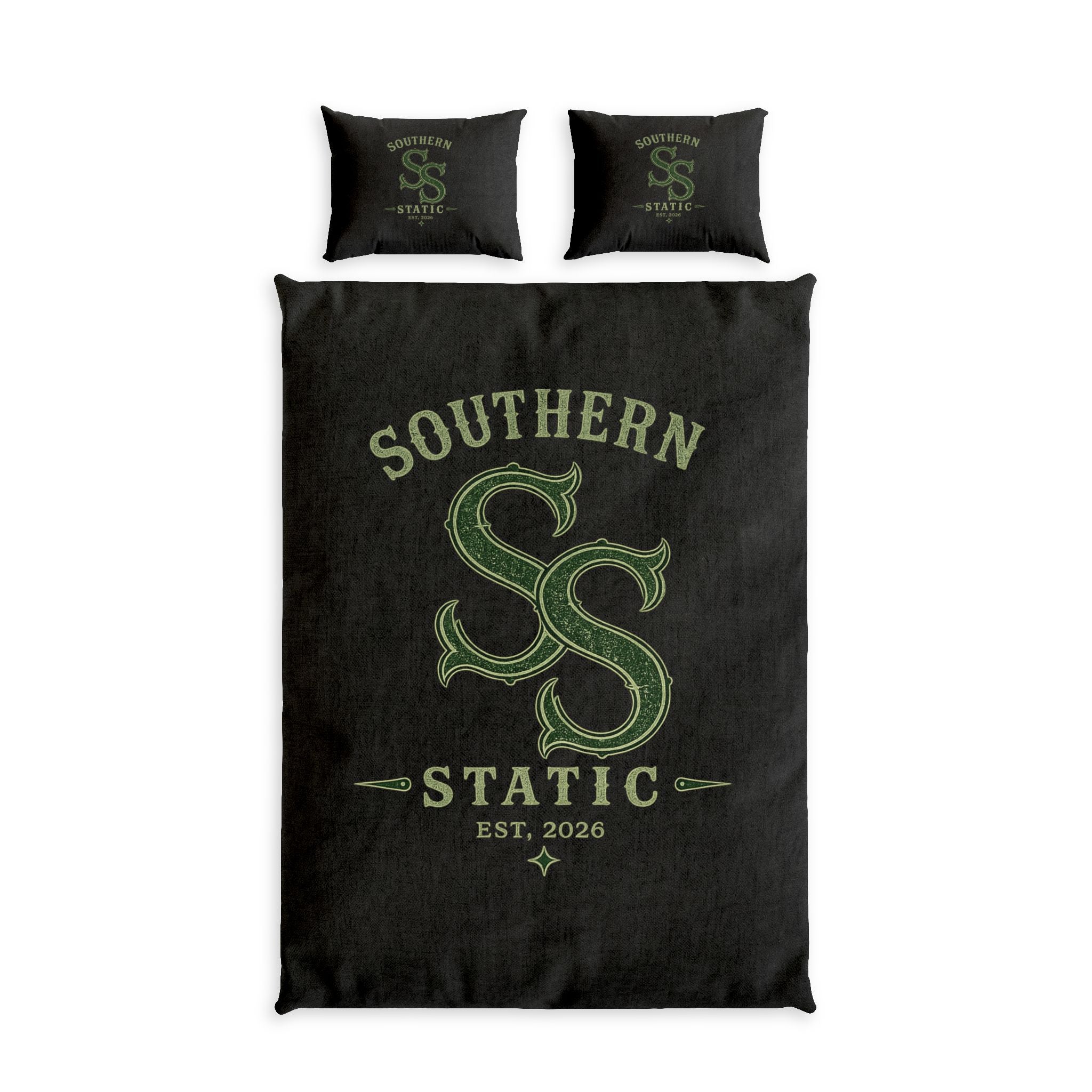 Southern Static Cotton Bed Set – Black Vintage Logo Duvet Cover & Pillowcases