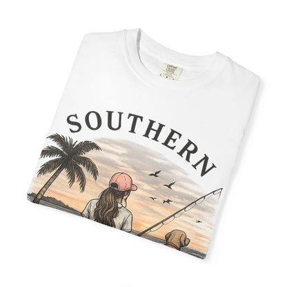 Southern Static Fishing T-Shirt — Woman & Dog Beach Sunset Tee