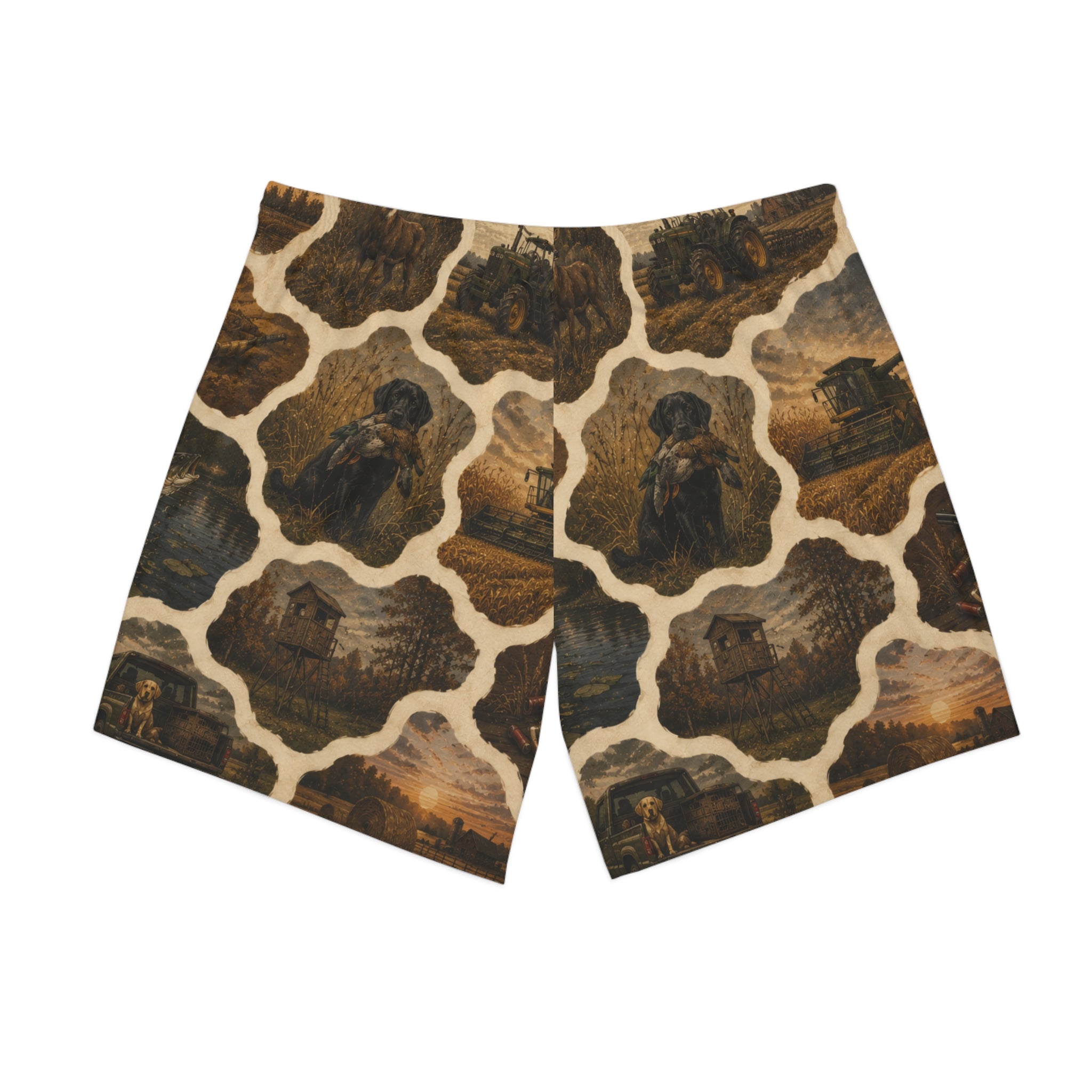 Vintage Pattern Beach Shorts — Retro Creepy Cabin & Scarecrow AOP