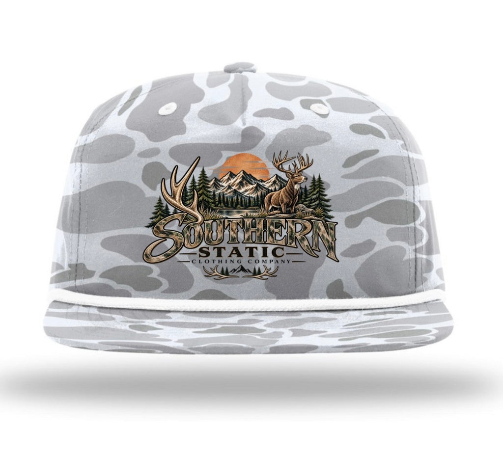 Southern Static Outdoor Snapback Cap — Mountain, Deer & Pine Forest Design