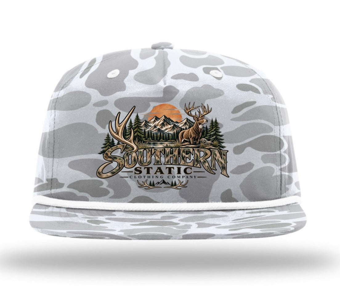 Southern Static Outdoor Snapback Cap — Mountain, Deer & Pine Forest Design