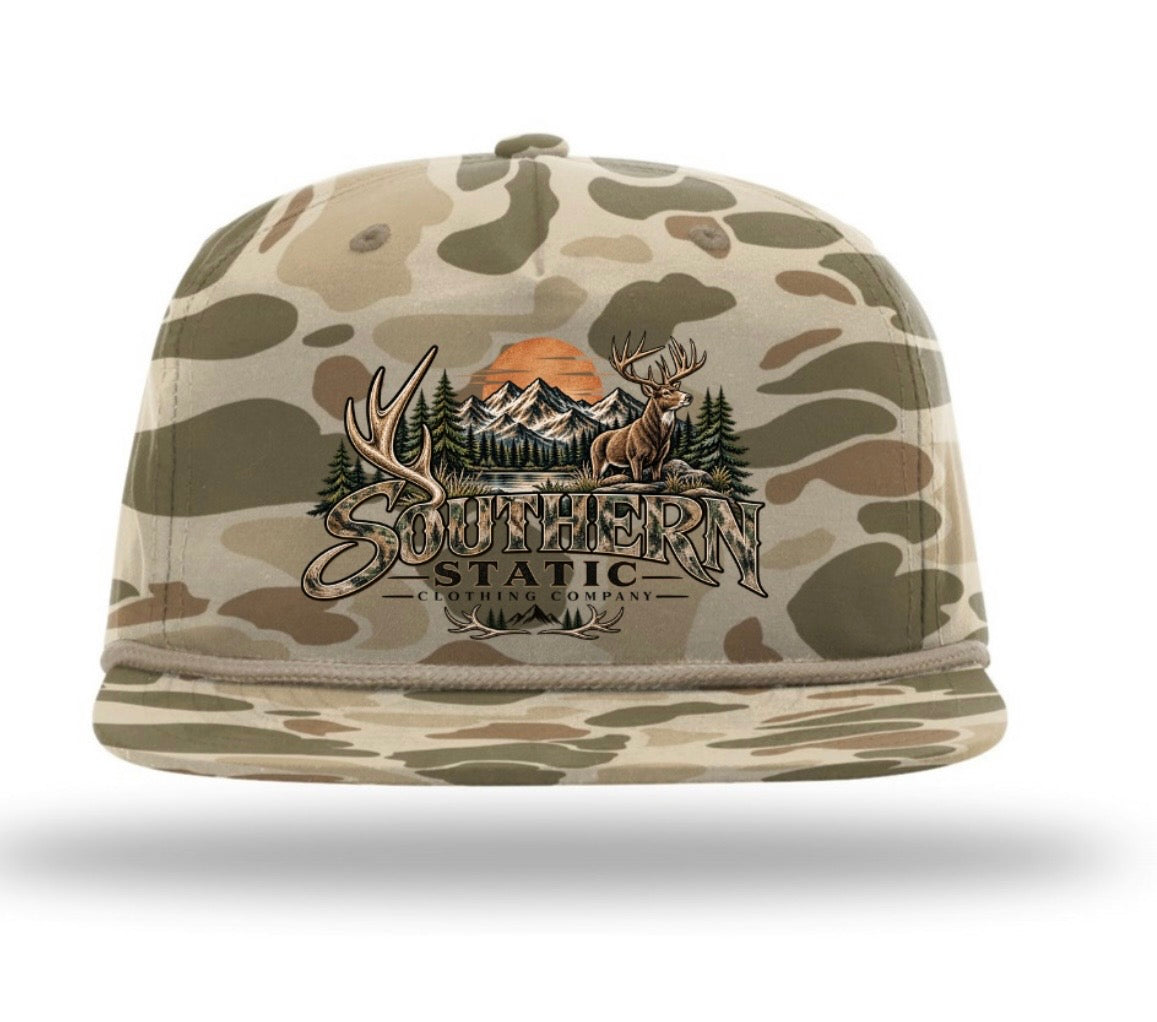 Southern Static Outdoor Snapback Cap — Mountain, Deer & Pine Forest Design