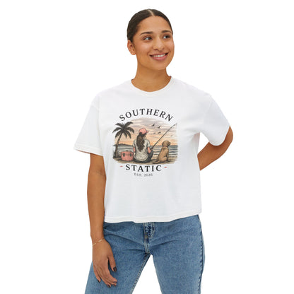 Southern Static Fishing Boxy Tee — Women's Beach Sunset Graphic T-Shirt