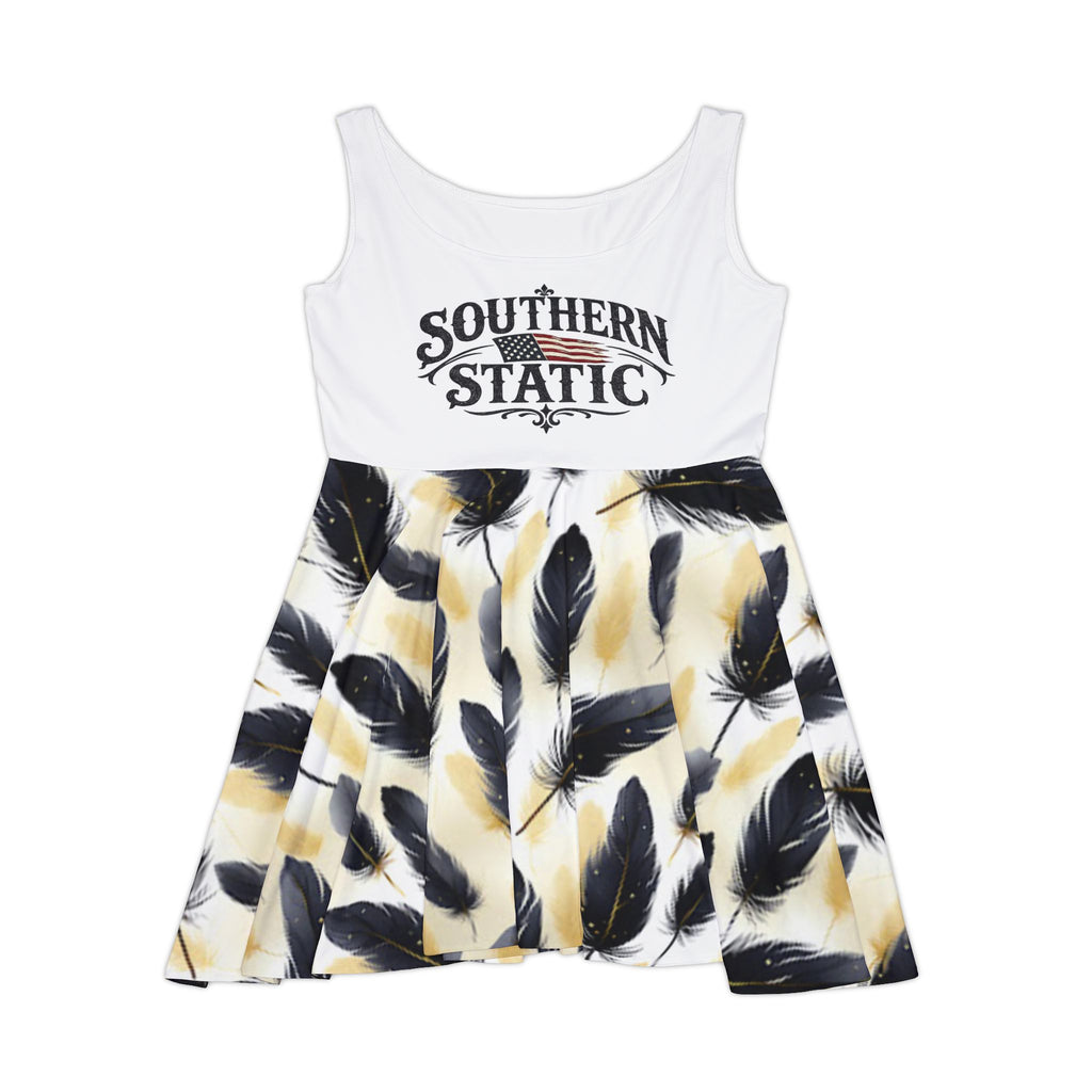 Black Feather Pattern Women's Skater Dress | Feather Print Skater Dress