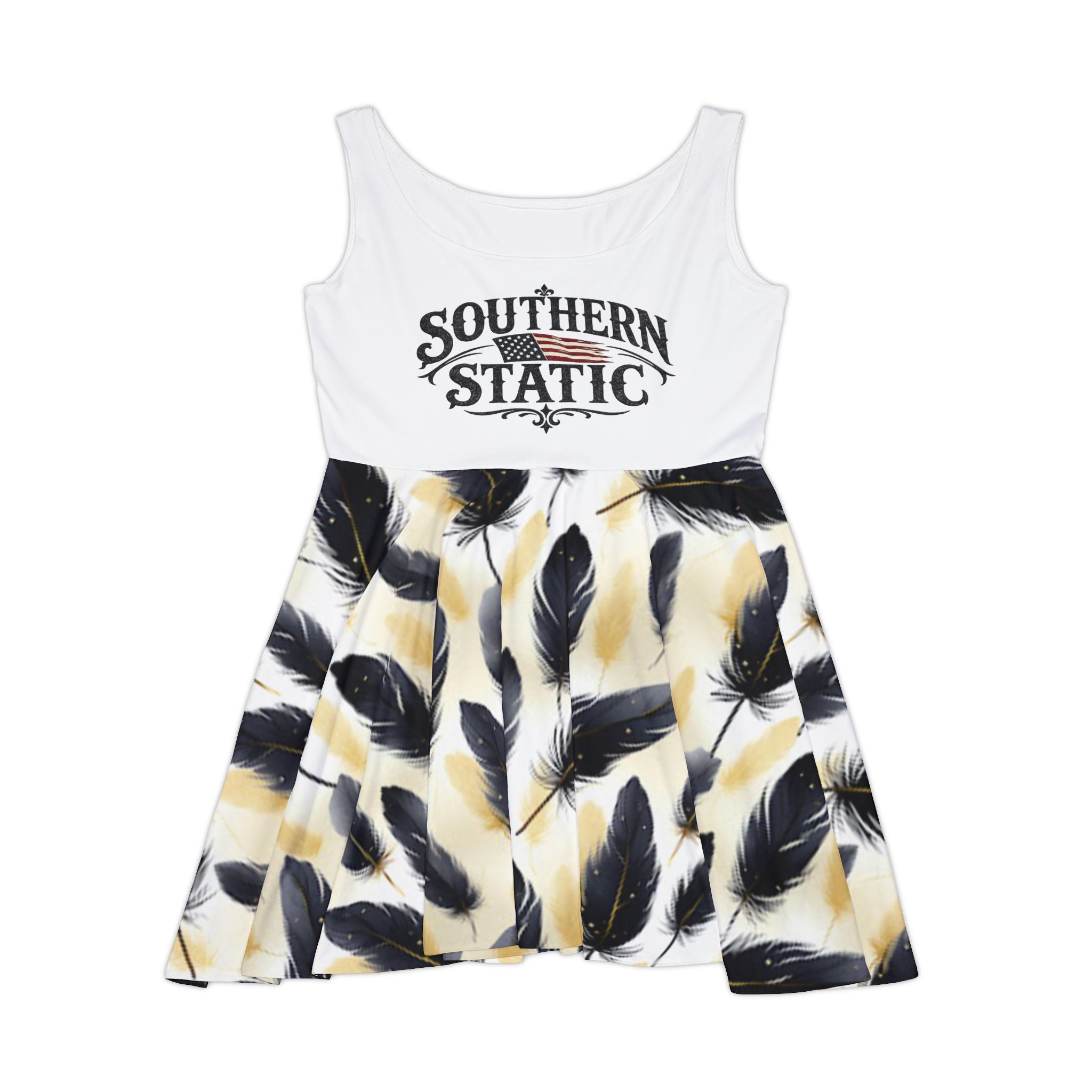 Black Feather Pattern Women's Skater Dress | Feather Print Skater Dress