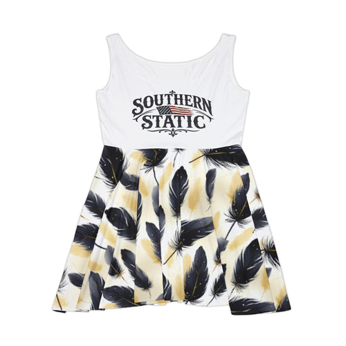 Black Feather Pattern Women's Skater Dress | Feather Print Skater Dress