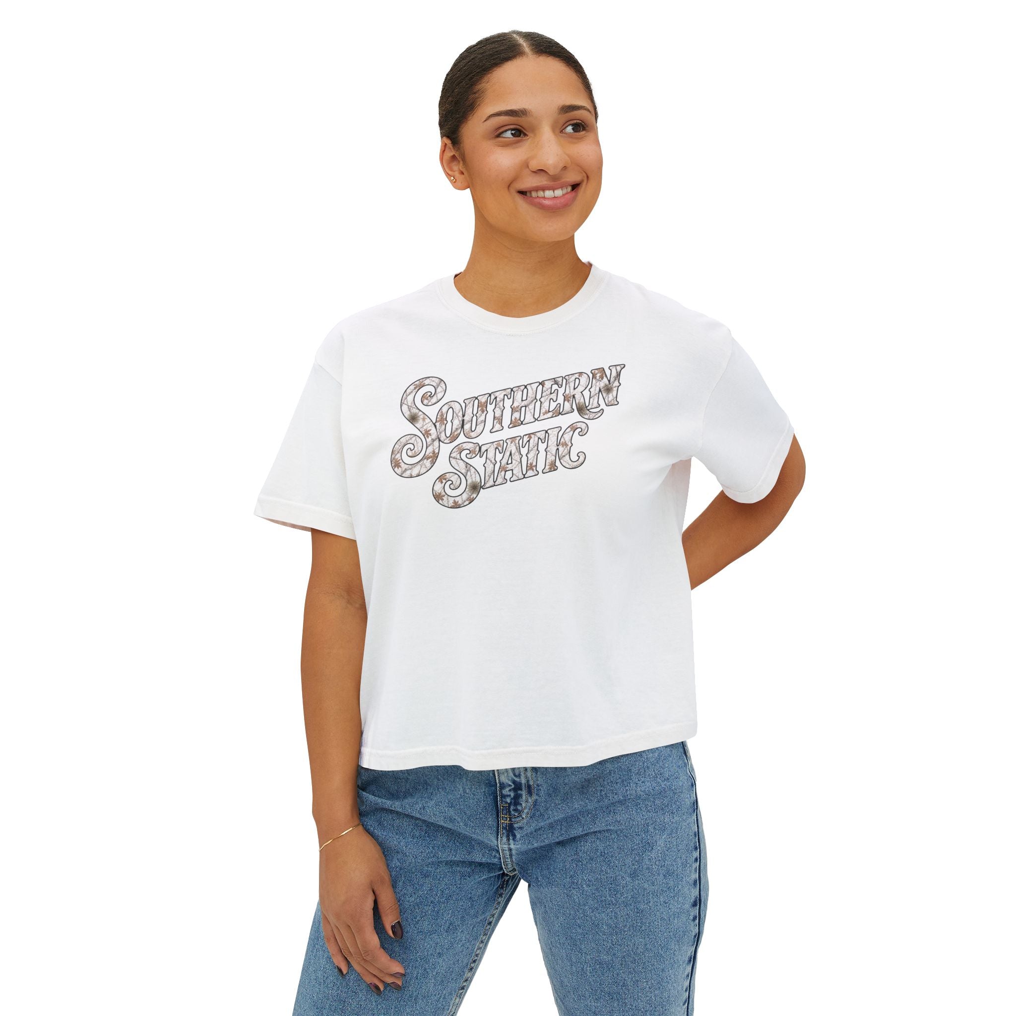 Southern Static Women's Boxy Tee — Retro Script Graphic Crop T-Shirt