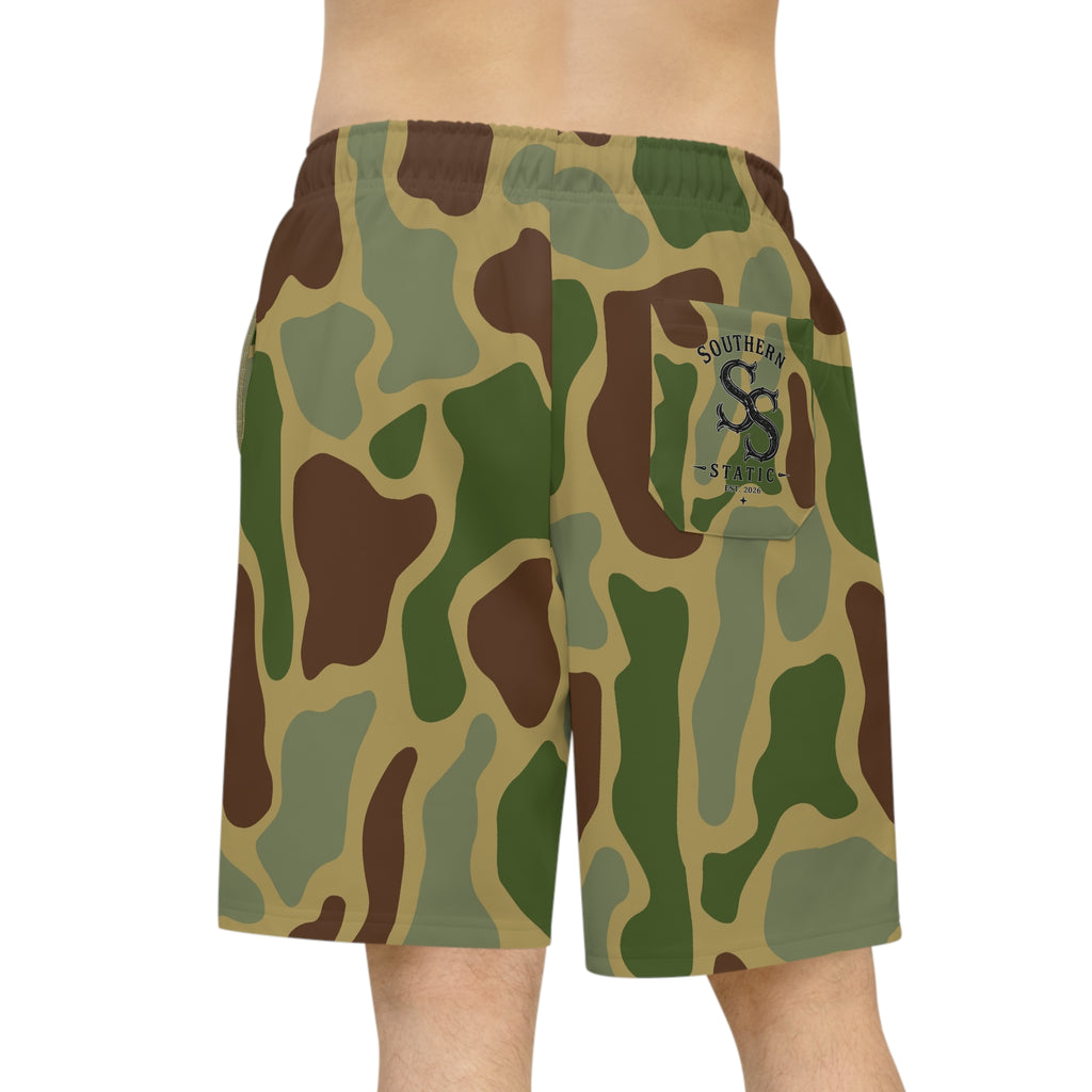 Camo Athletic Long Shorts — Green Woodland Camouflage Performance Shorts