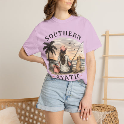 Southern Static Fishing T-Shirt — Woman & Dog Beach Sunset Tee