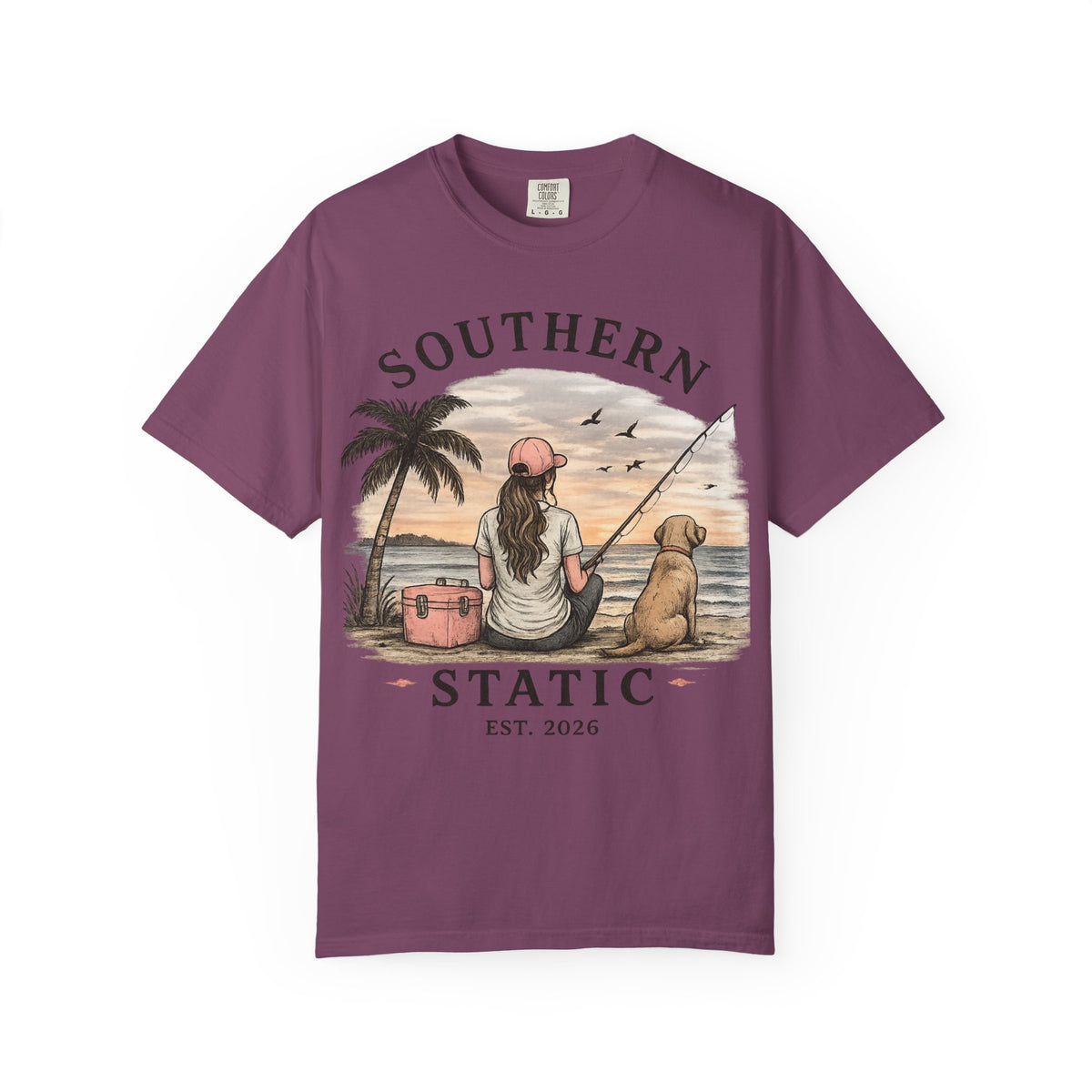 Southern Static Fishing T-Shirt — Woman & Dog Beach Sunset Tee