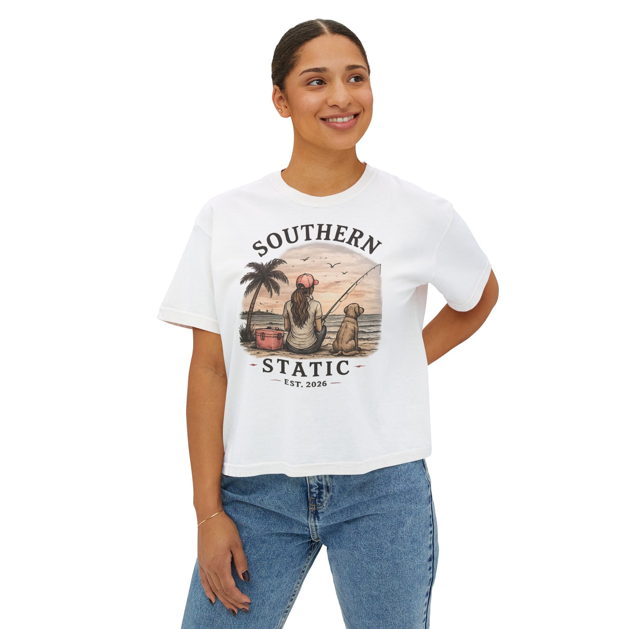 Southern Static Fishing Boxy Tee — Women's Beach Sunset Graphic T-Shirt