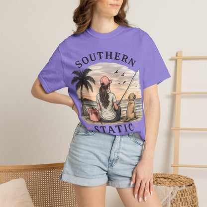 Southern Static Fishing T-Shirt — Woman & Dog Beach Sunset Tee