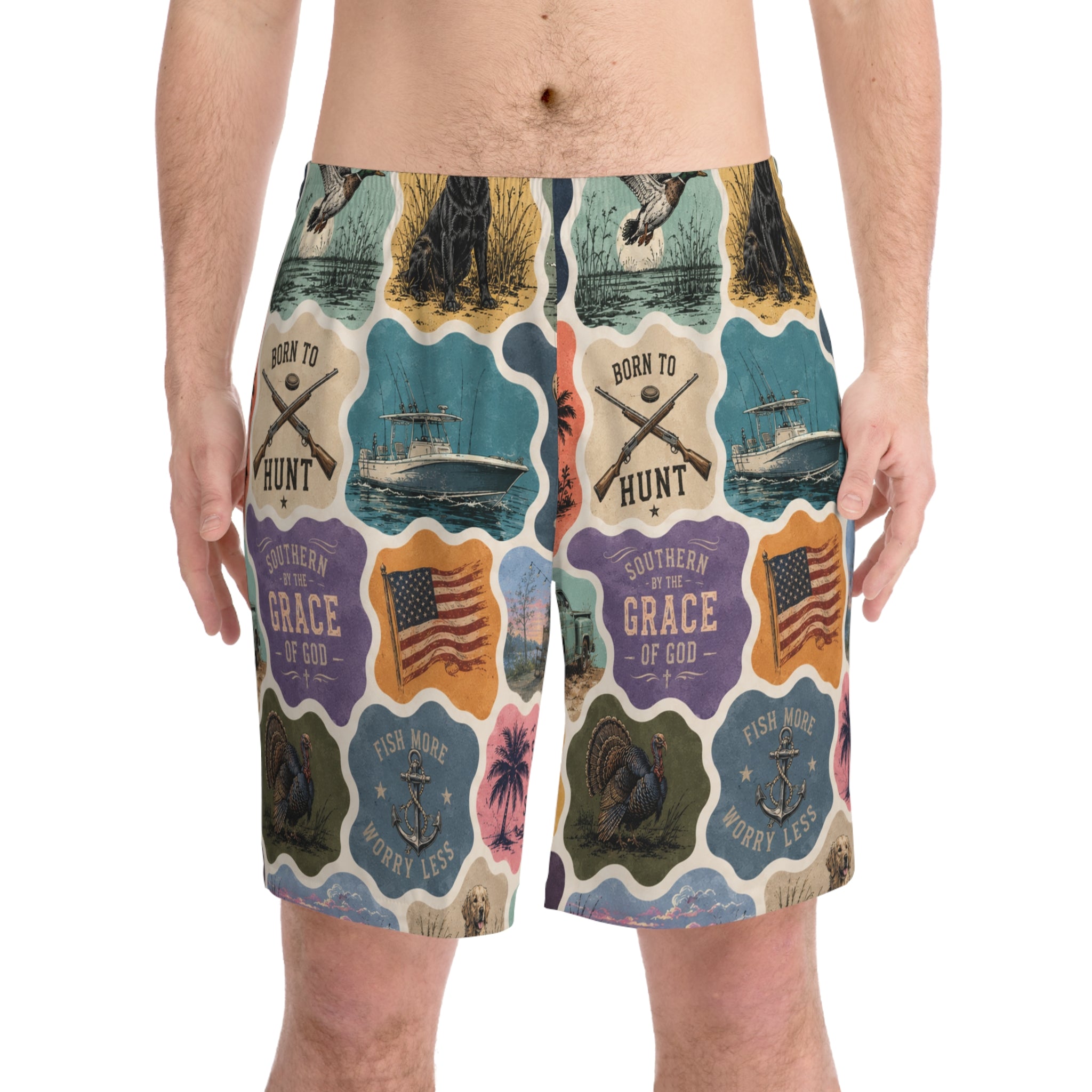 Men's Beach Shorts — Vintage Outdoor Badge Print (Born to Hunt, Southern Grace)