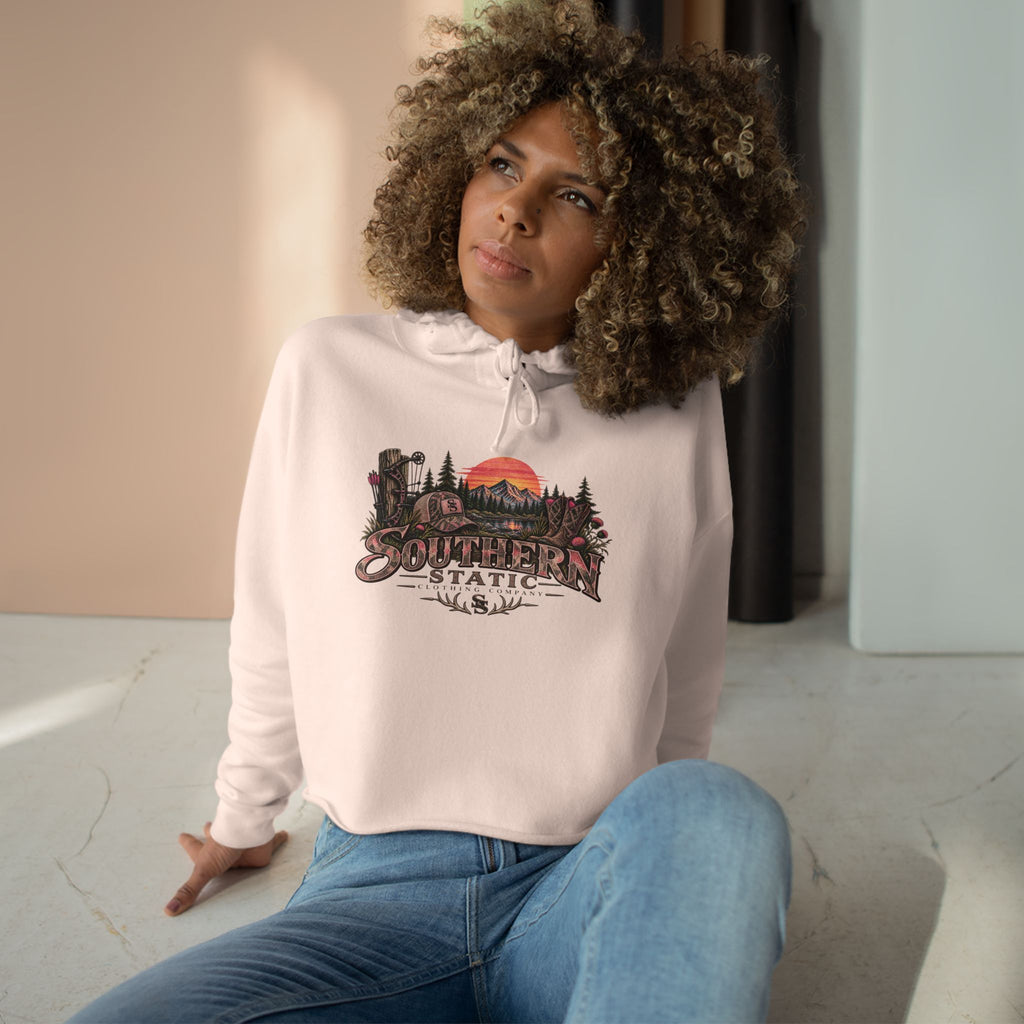 Southern Static Sunset Crop Hoodie — Scenic Mountain Forest Graphic Crop Hoodie